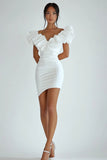 Bodycon White V-Neck Satin Graduation Dress With Short Sleeves