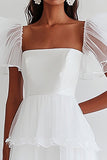 A Line White Ruffles Half Sleeves Square Neck Long Graduation Dress