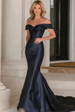 Elegant Navy Off the Shoulder Mermaid Satin Long Mother of the Bride Dress