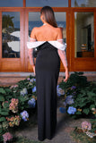 Black Sheath Off the Shoulder Long Sleeves Ruched Long Formal Dress with Slit