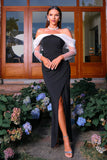 Black Sheath Off the Shoulder Long Sleeves Ruched Long Formal Dress with Slit