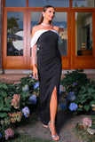 Black Sheath Off the Shoulder Long Sleeves Ruched Long Formal Dress with Slit