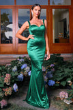 Dark Green Mermaid Spaghetti Straps Satin Long Formal Dress