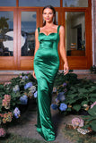 Dark Green Mermaid Spaghetti Straps Satin Long Formal Dress