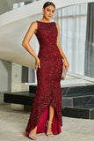 Sparkly Burgundy Mermaid Sequins Long Formal Dress with Slit