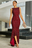 Sparkly Burgundy Mermaid Sequins Long Formal Dress with Slit