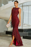 Sparkly Burgundy Mermaid Sequins Long Formal Dress with Slit