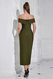 Army Green Sheath Off the Shoulder Tea Length Prom Dress with Slit