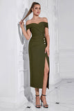 Army Green Sheath Off the Shoulder Tea Length Prom Dress with Slit