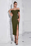 Army Green Sheath Off the Shoulder Tea Length Prom Dress with Slit