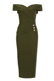 Army Green Sheath Off the Shoulder Tea Length Prom Dress with Slit