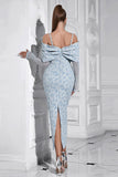 Floral Light Blue Bodycon Cold Shoulder Long Sleeve Prom Dress with Back Slit