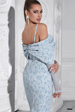 Floral Light Blue Bodycon Cold Shoulder Long Sleeve Prom Dress with Back Slit