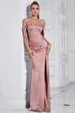 Grey Pink Sheath Off the Shoulder Ruched Prom Dress with Slit