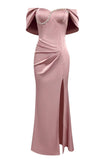 Grey Pink Sheath Off the Shoulder Ruched Prom Dress with Slit