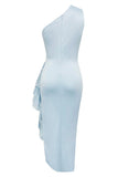 Light Blue Bodycon One Shoulder Tea Length Formal Dress