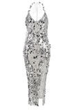 Silver Sheath Halter V-Neck Sequins Tassel Party Dress