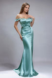 Green Mermaid Off The Shoulder Satin Prom Dress with Slit