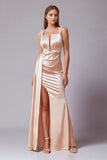 Elegant Blush Satin Sheath Pleated Long Wedding Guest Dress with Side Slit