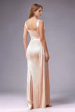 Elegant Blush Satin Sheath Pleated Long Wedding Guest Dress with Side Slit