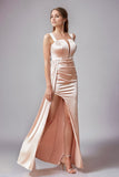 Elegant Blush Satin Sheath Pleated Long Wedding Guest Dress with Side Slit