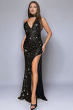 Sparkly Black Sequin Halter Mermaid Prom Dress with Slit