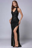 Sparkly Black Sequin Halter Mermaid Prom Dress with Slit