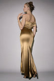 Mermaid Golden One Shoulder Ruched Long Formal Dress with Slit