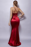 Burgundy Mermaid Halter Ruched Long Formal Dress with Slit