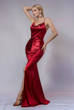 Burgundy Mermaid Halter Ruched Long Formal Dress with Slit