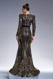 Sparkly Black Golden Long Sleeves Sheath Long Formal Dress with Sequin Embroidery