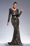 Sparkly Black Golden Long Sleeves Sheath Long Formal Dress with Sequin Embroidery