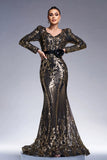 Sparkly Black Golden Long Sleeves Sheath Long Formal Dress with Sequin Embroidery