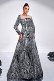 Black Silver Floral A-Line Illusion Neck Long Sleeves Formal Dress