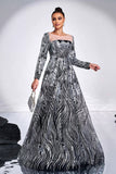 Black Silver Floral A-Line Illusion Neck Long Sleeves Formal Dress