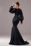 Black Mermaid Puff Long Sleeves V Neck Long Formal Dress with Appliques