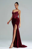 Sparkly Burgundy Mermaid Lace Corset Sequins Long Formal Dress with Slit