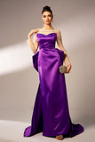 Dark Purple Mermaid Illusion Neck Long Sleeves Pearls Satin Formal Dress with Bow