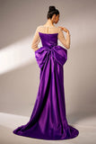 Dark Purple Mermaid Illusion Neck Long Sleeves Pearls Satin Formal Dress with Bow