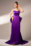 Dark Purple Mermaid Illusion Neck Long Sleeves Pearls Satin Formal Dress with Bow