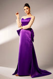 Dark Purple Mermaid Illusion Neck Long Sleeves Pearls Satin Formal Dress with Bow