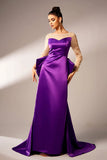 Dark Purple Mermaid Illusion Neck Long Sleeves Pearls Satin Formal Dress with Bow