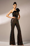 Sparkly Black Tight One Shoulder Ruffle Flower Sequined Prom Jumpsuit