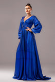 Royal Blue A-Line V Neck Long Sleeves Pleated Long Formal Dress