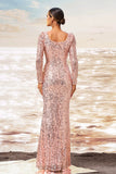 Sparkly Pink Mermaid Square Neck Sequins Long Formal Dress with Long Sleeves