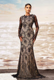 Black Apricot Mermaid Ruffled Neck Long Sleeves Ruched Lace Long Formal Dress