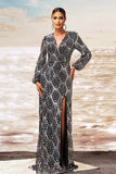 Black Silver Sheath V Neck Long Sleeves Long Formal Dress with Slit