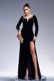 Black Mermaid V Neck Long Sleeves Tassels Velvet Long Formal Dress with Slit