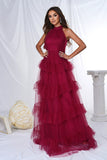 Burgundy A Line Tulle Halter Tiered Long Wedding Guest Dress