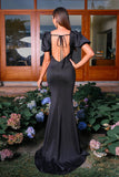 V Neck Short Sleeves Black Sheath Prom Dress with Slit